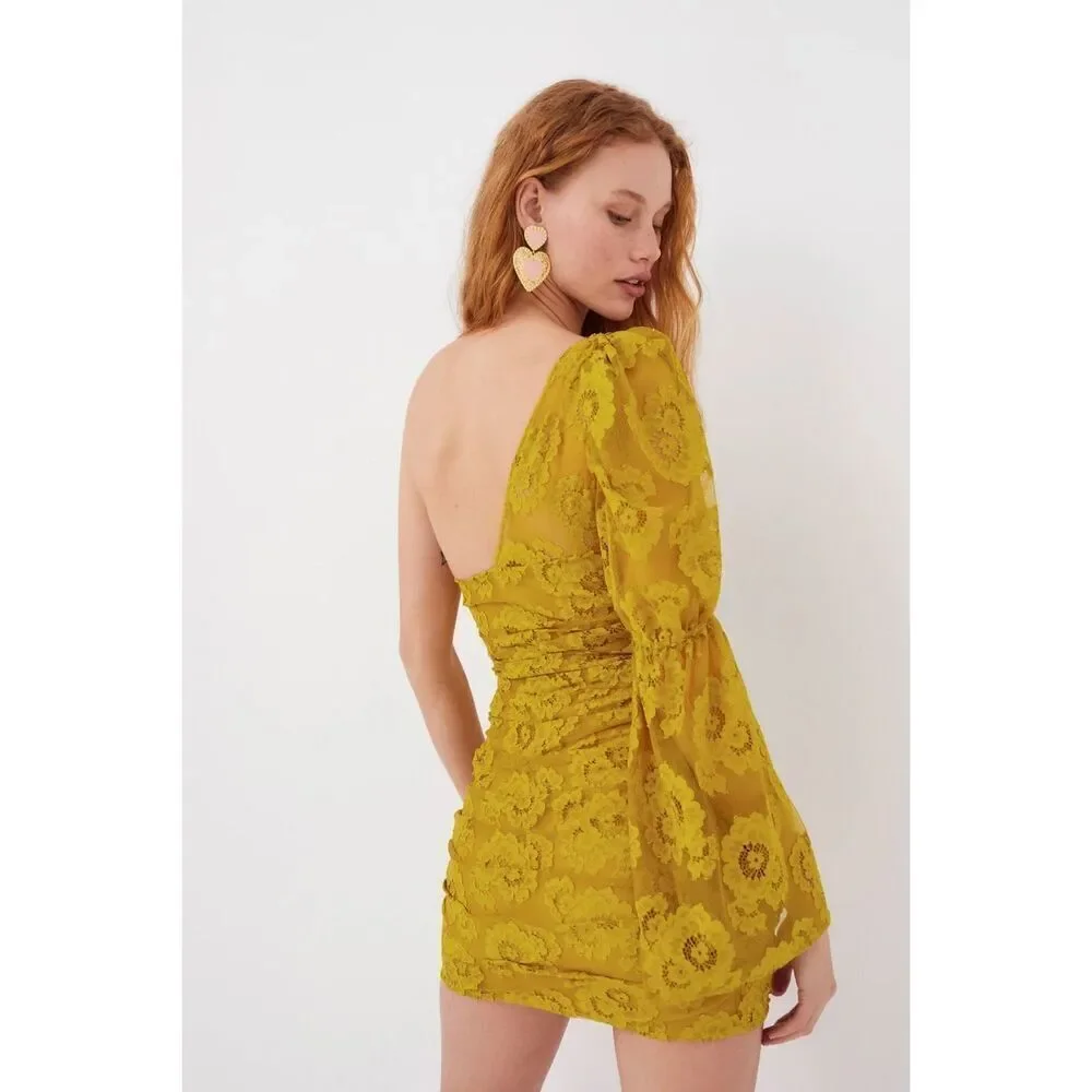 NWT For Love & Lemons Tiana Mustard Yellow Floral Lace Mini Dress Size Small